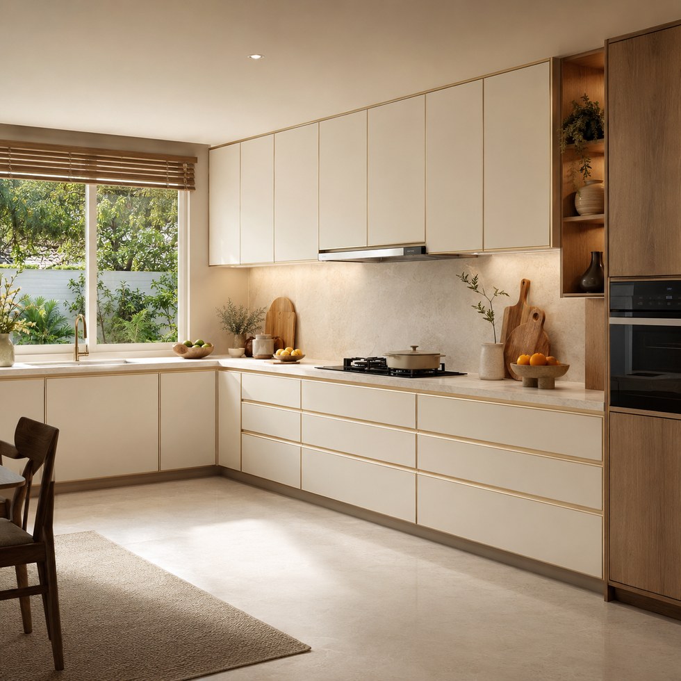 Ivory Flat Panel Kitchen Cabinets With Wood Tone Tall Unit