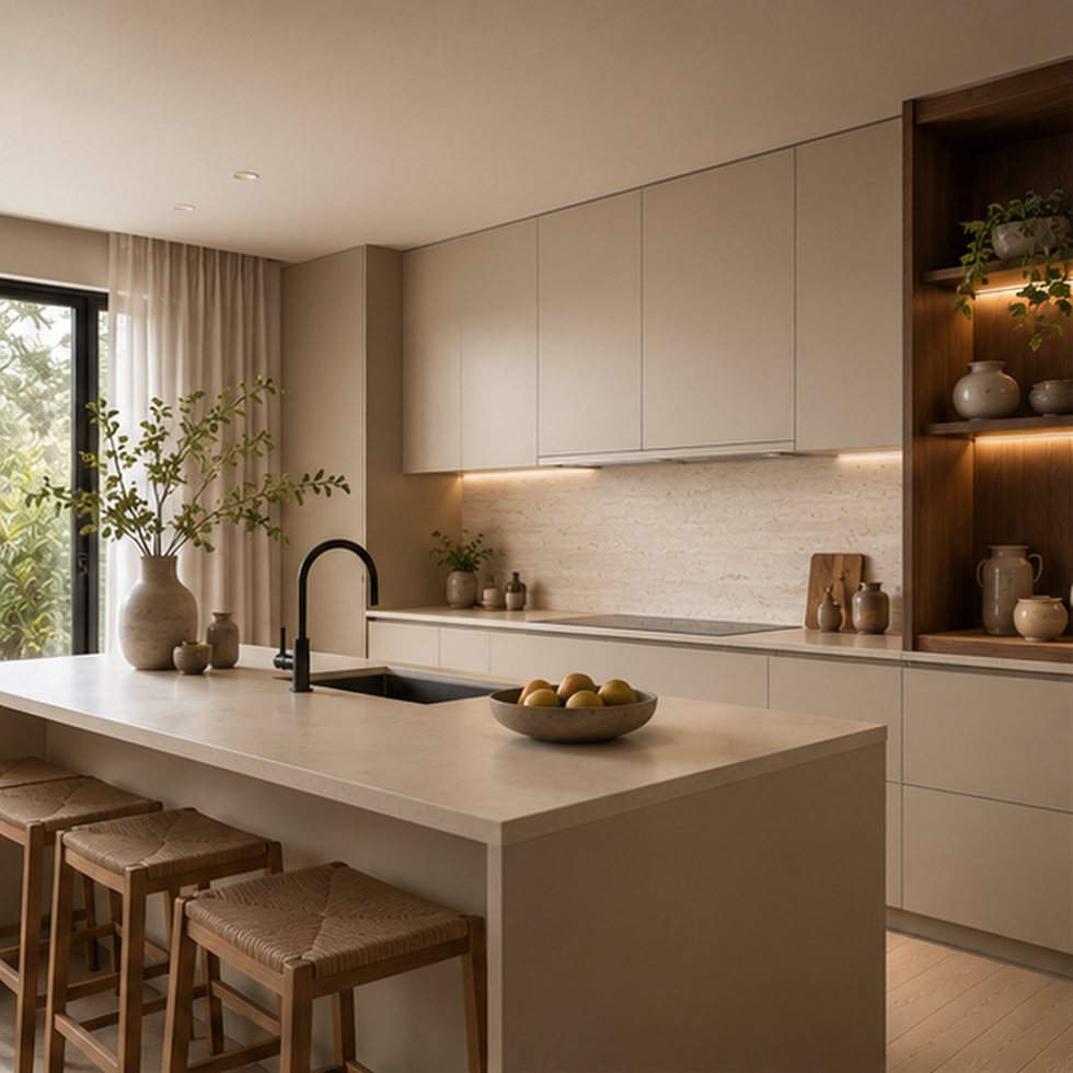 Ivory Open-Niche Custom Kitchen Cabinets with a Sunlit Serving Island