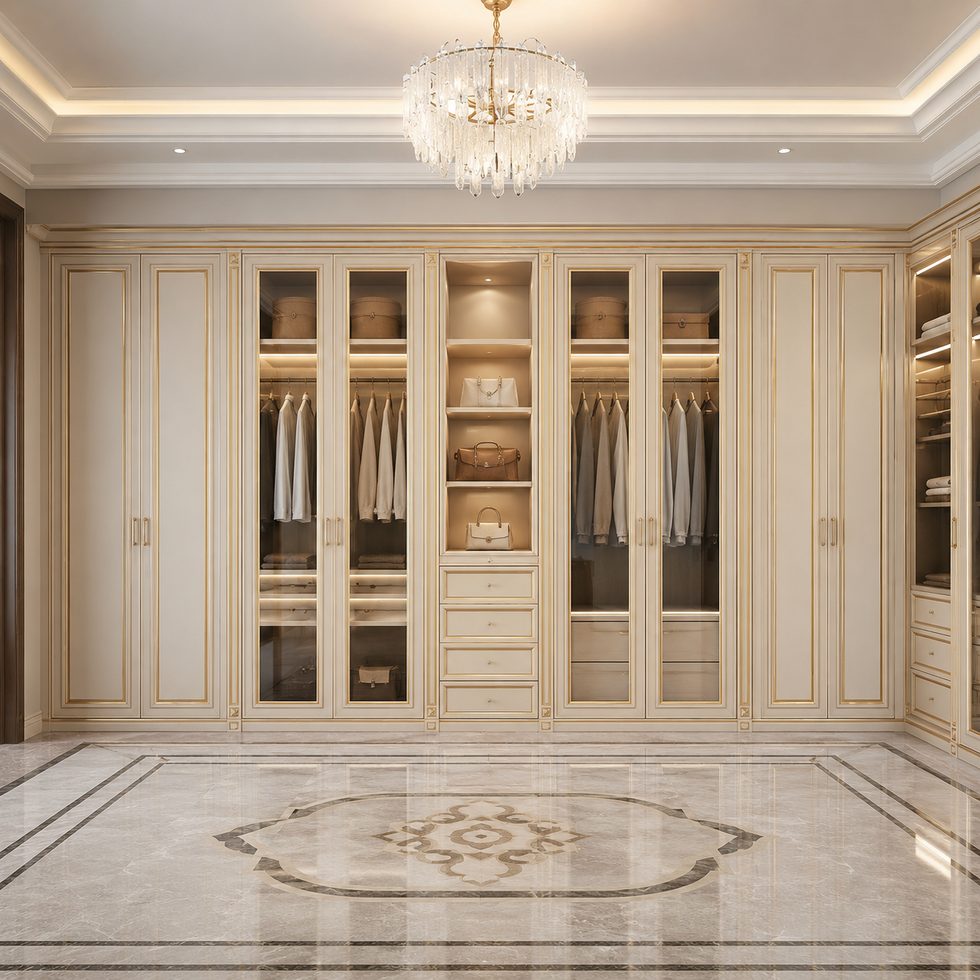 Ivory Walk-In Closet Wardrobe with Glass Doors and Gold-Tone Trim