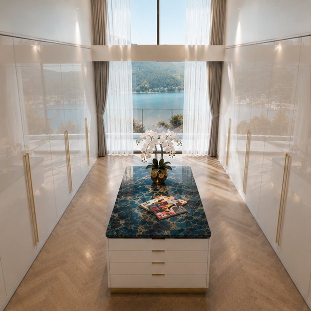 Lake-Facing Gallery Passage Custom Walk-In Closet Wardrobe with Blue-Textile Island