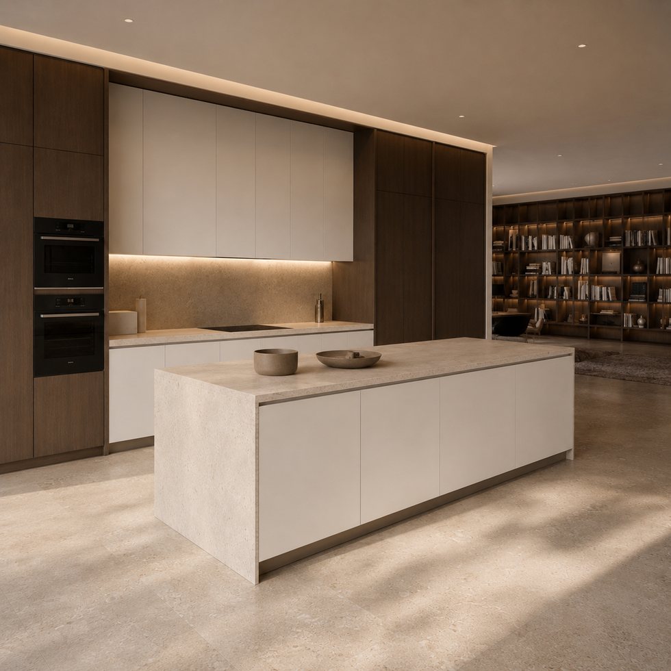 Layered Display Wall Custom Kitchen Cabinets with Long Waterfall Island