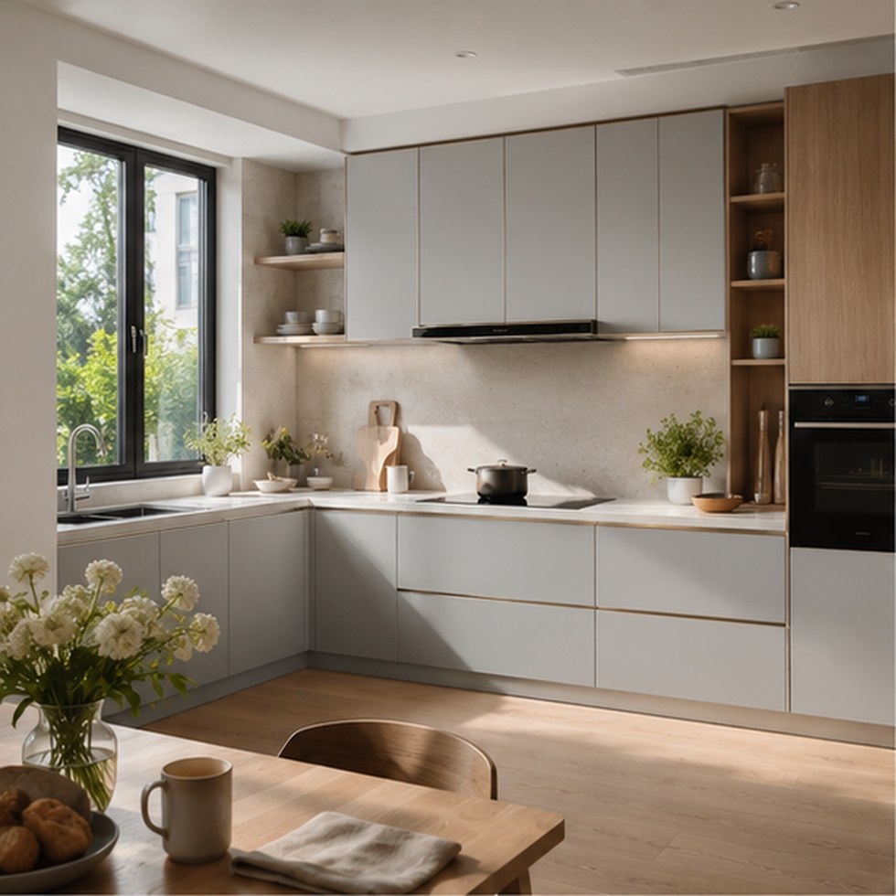 Light Grey L-Shaped Kitchen Cabinets with Wood-Tone Tall Storage