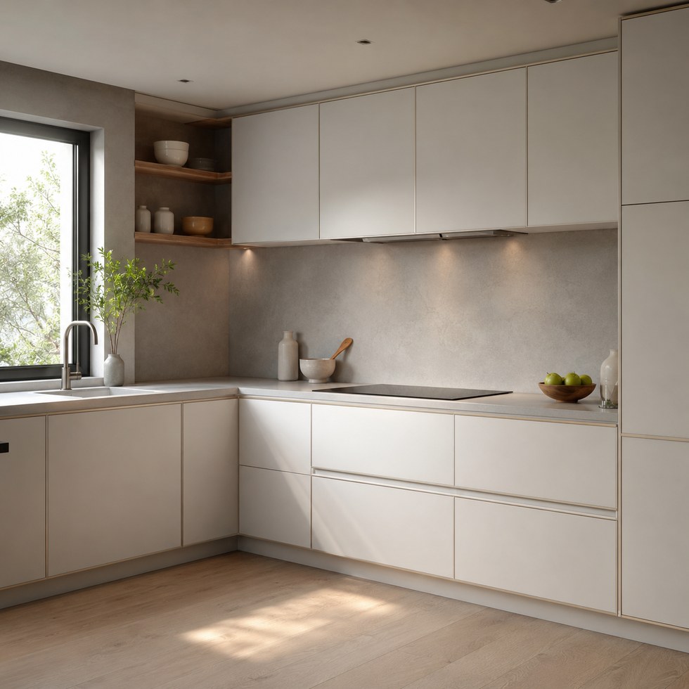 Light Neutral Flat Panel L Shaped Kitchen Cabinets with Tall Storage