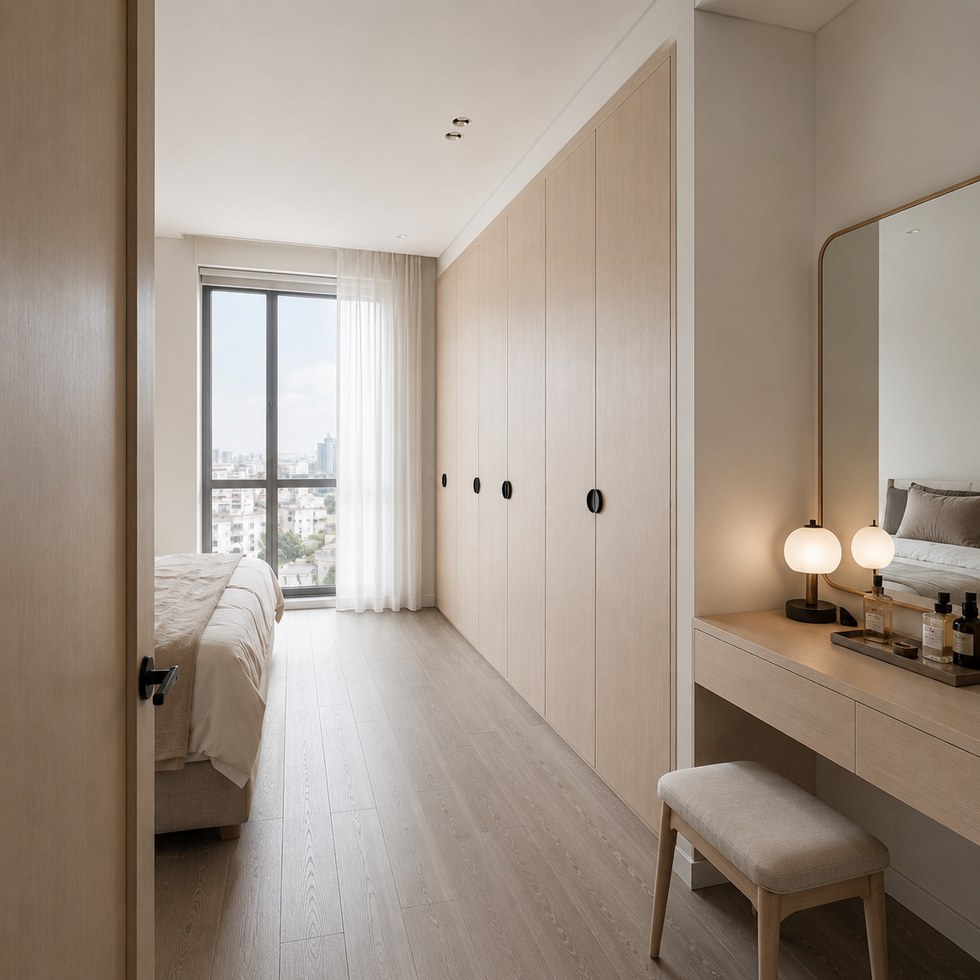 Light Wood-Look Bedroom Wardrobe with Vanity Nook