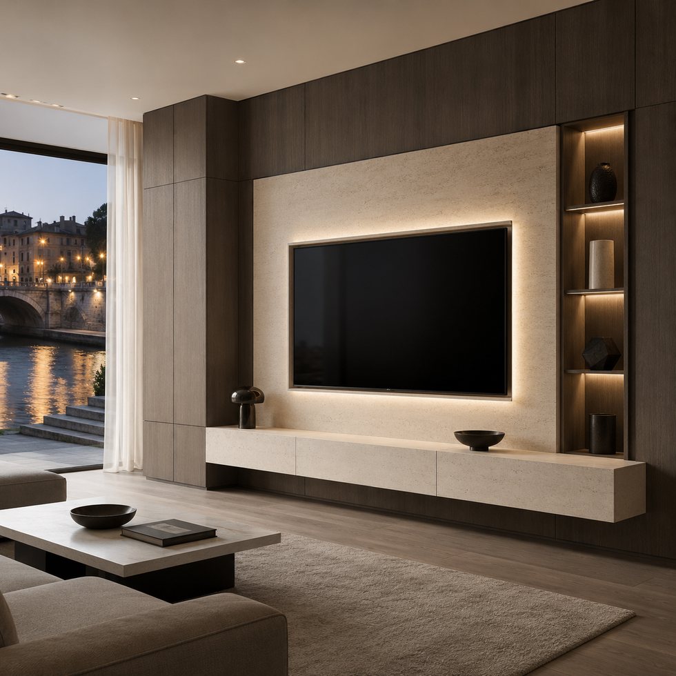 Limestone Halo Custom TV Wall Panel Cabinet with Walnut Surround and Single Display Tower