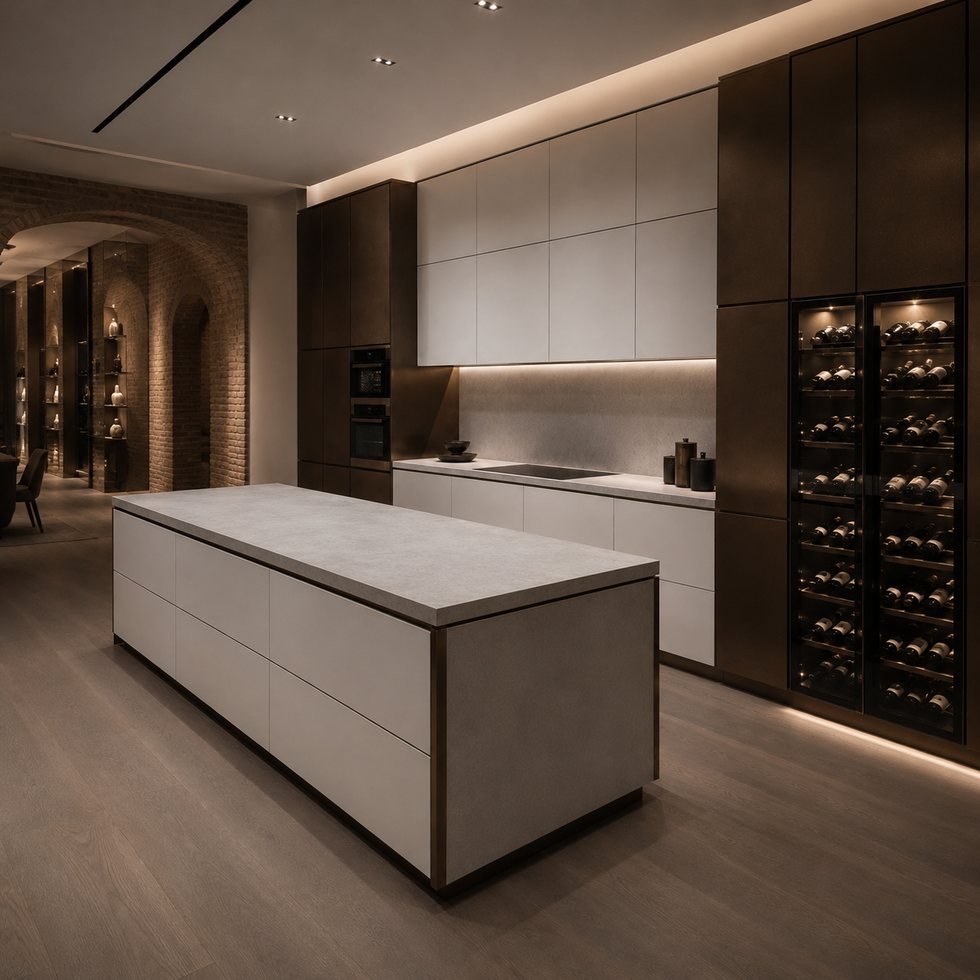 Linear Display Storage Custom Kitchen Cabinets with Charcoal Island