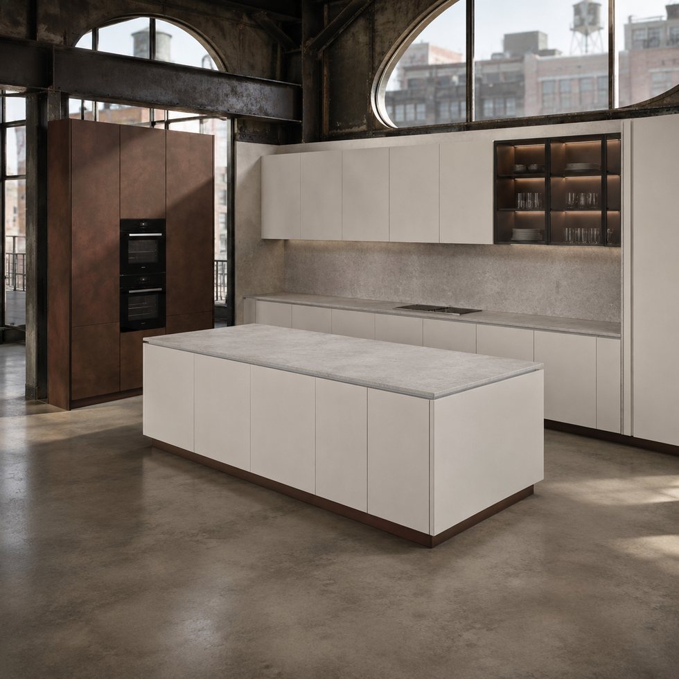 Loft Style White Custom Kitchen Cabinets with Central Island