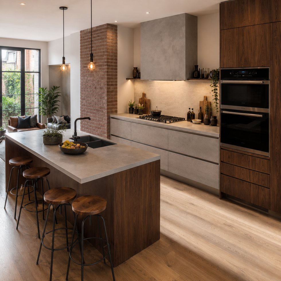 Loft Texture Custom Kitchen Cabinets with a Dark Work Island and Appliance Bank