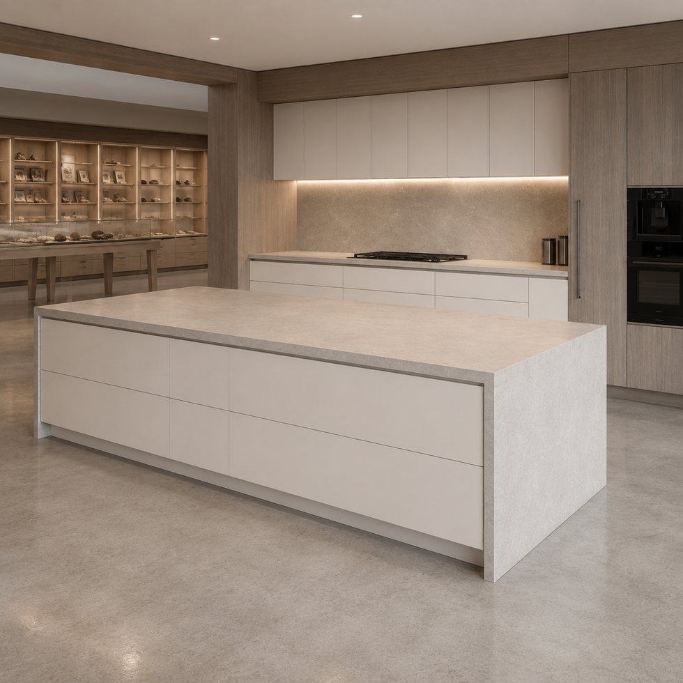 Long-Run White Island Custom Kitchen Cabinets with Glass Display Cabinets