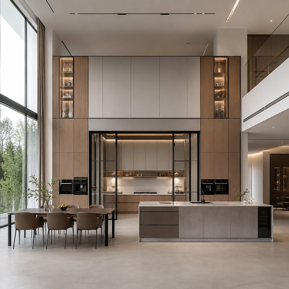 Luxury Double Height Wood Tone Kitchen Cabinets With Island