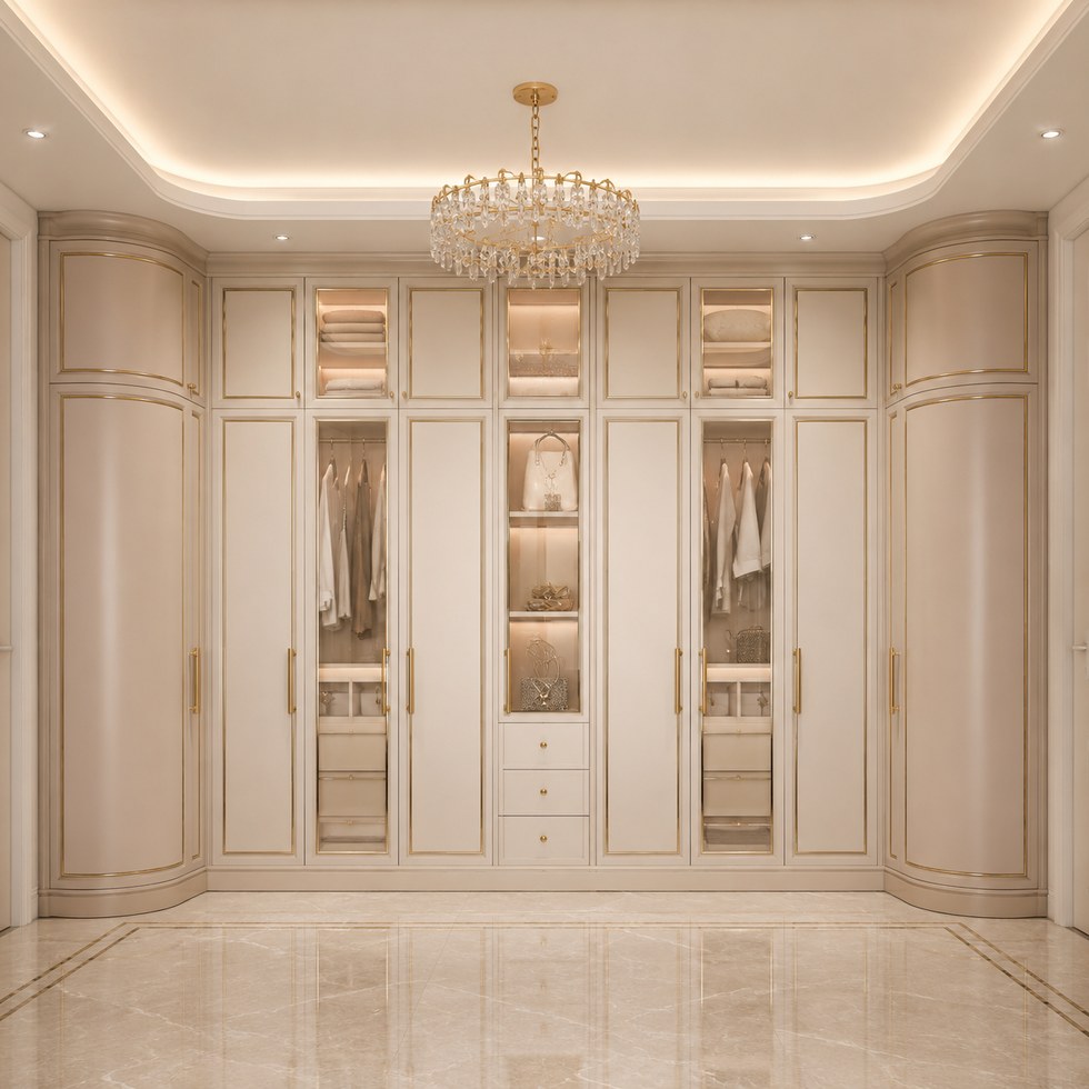 Luxury Ivory Walk-In Closet Wardrobe with Glass Display Doors and Gold-Tone Trim