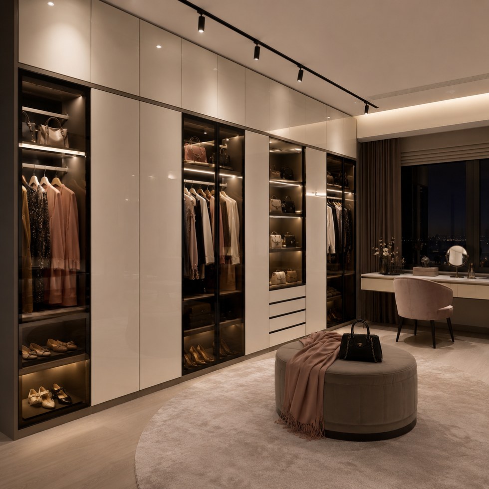 Luxury Light Neutral Walk-In Closet Wardrobe with Dark Framed Glass Display Sections