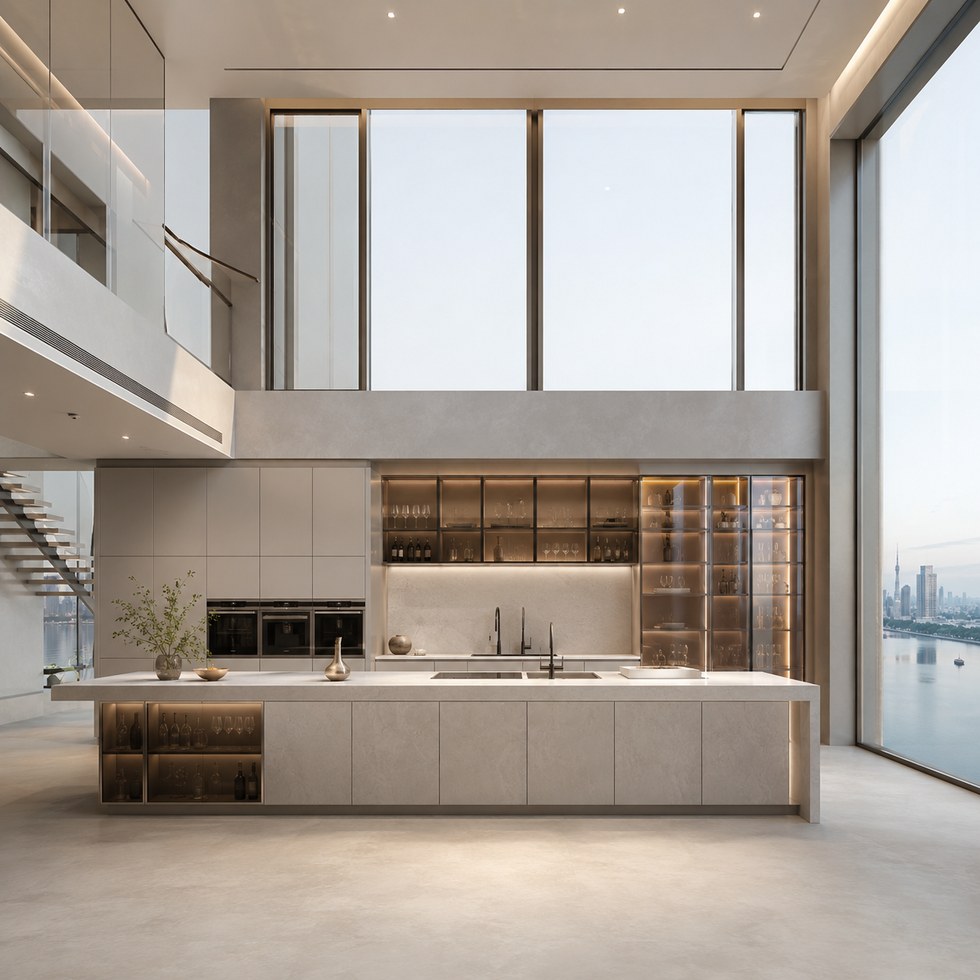 Luxury Stone-Look Kitchen Cabinets with Glass Display Storage and Island