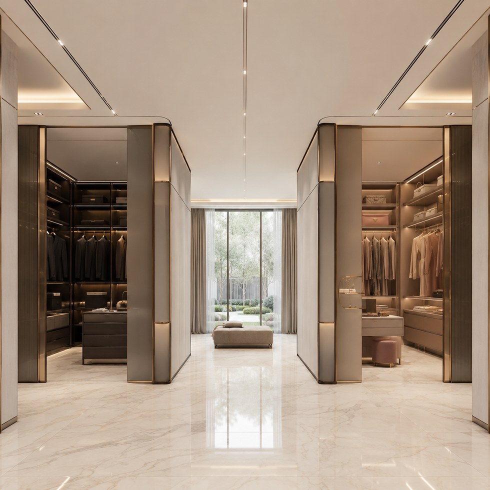 Luxury Walk-In Closet Wardrobe with Glass Display Panels and Warm Lighting