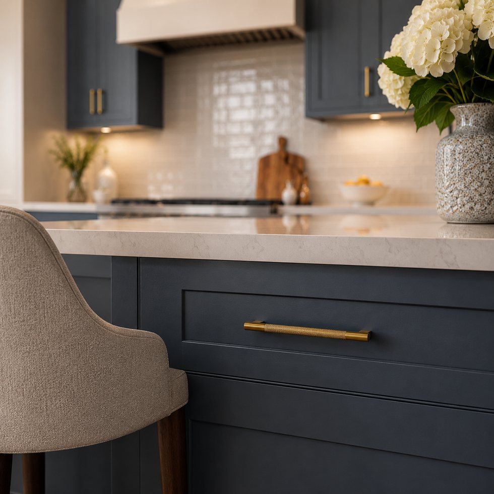 Midnight Blue Custom Kitchen Cabinets with Brass Pulls and Glossy Tile