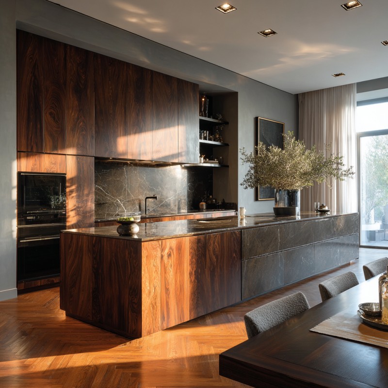 Minimalist Wood Veneer Kitchen Cabinets