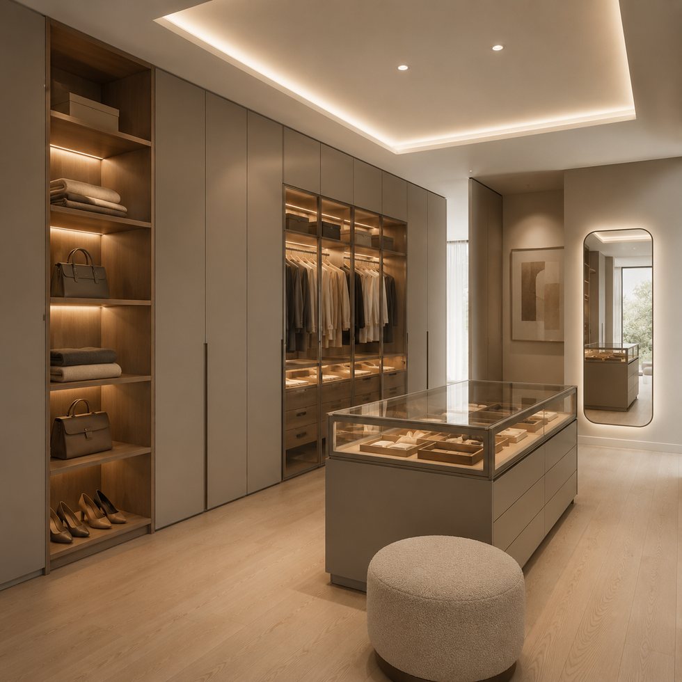 Mirror-Axis Custom Walk-In Closet Wardrobe with Bronze Display Wall and Glass-Topped Island