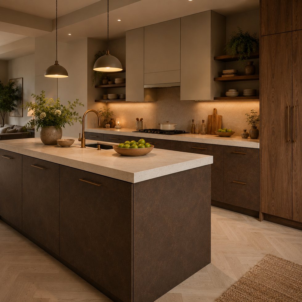 Mocha Texture Custom Kitchen Cabinets with Brass-Lined Island and Tall Walnut Wall