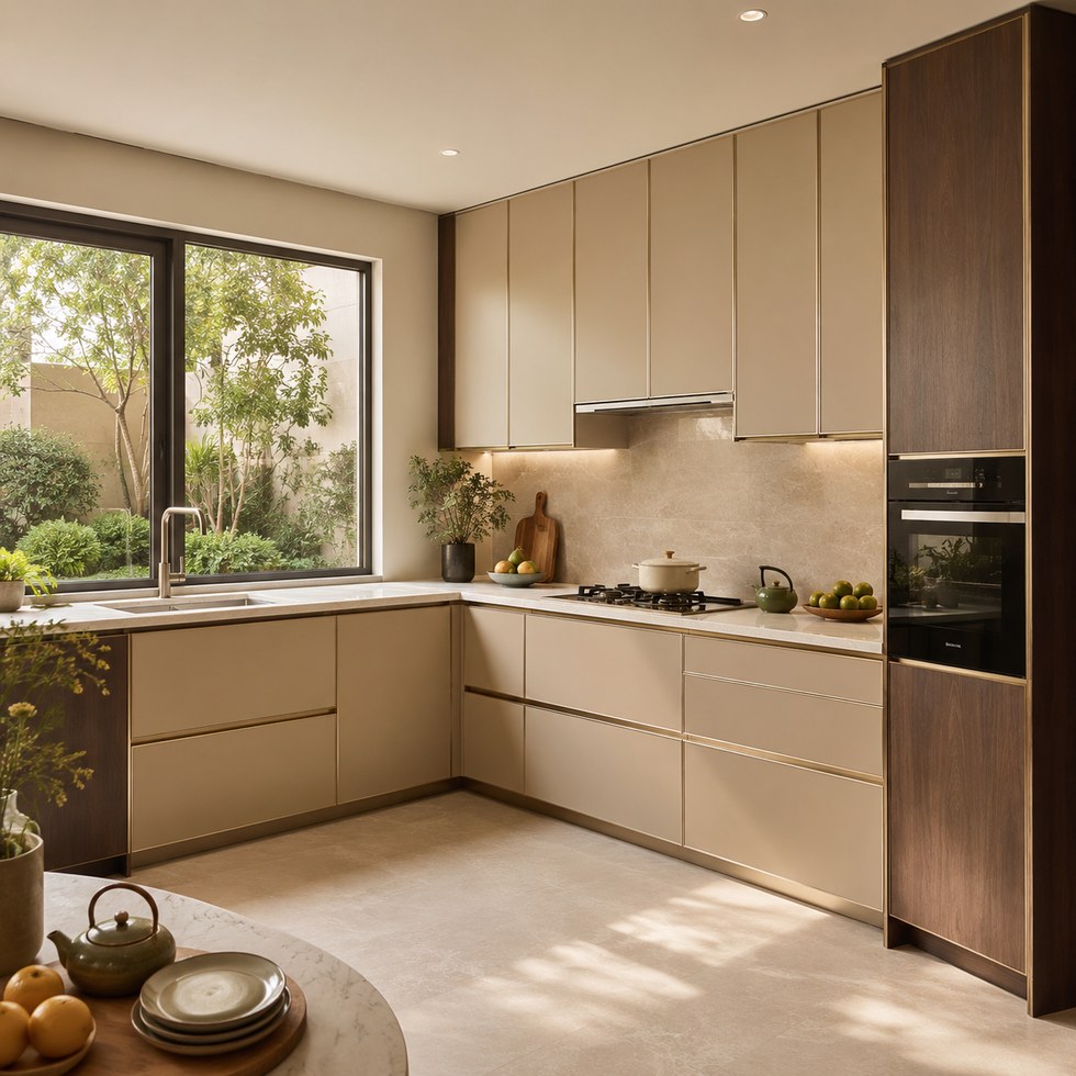 Modern Beige L-Shaped Kitchen Cabinets with Wood-Tone Tall Units