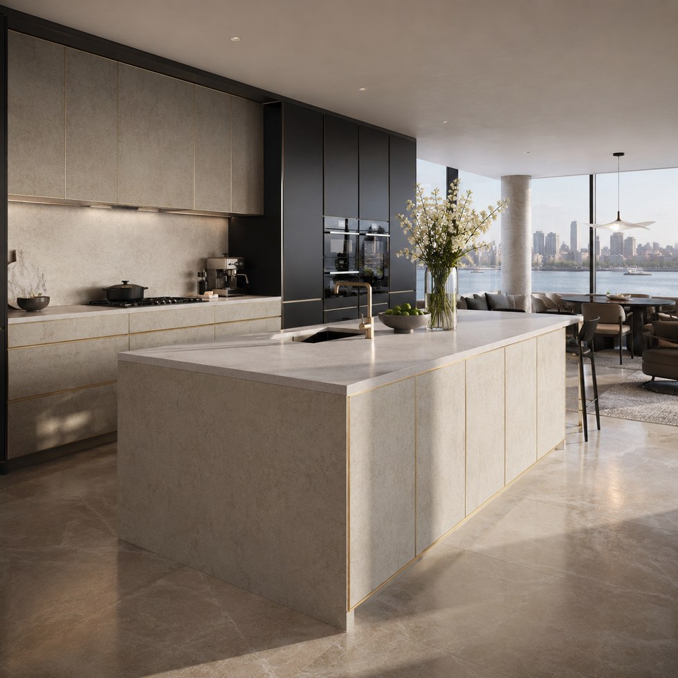 Modern Beige Stone-Look Kitchen Cabinets With Dark Tall Units and Island