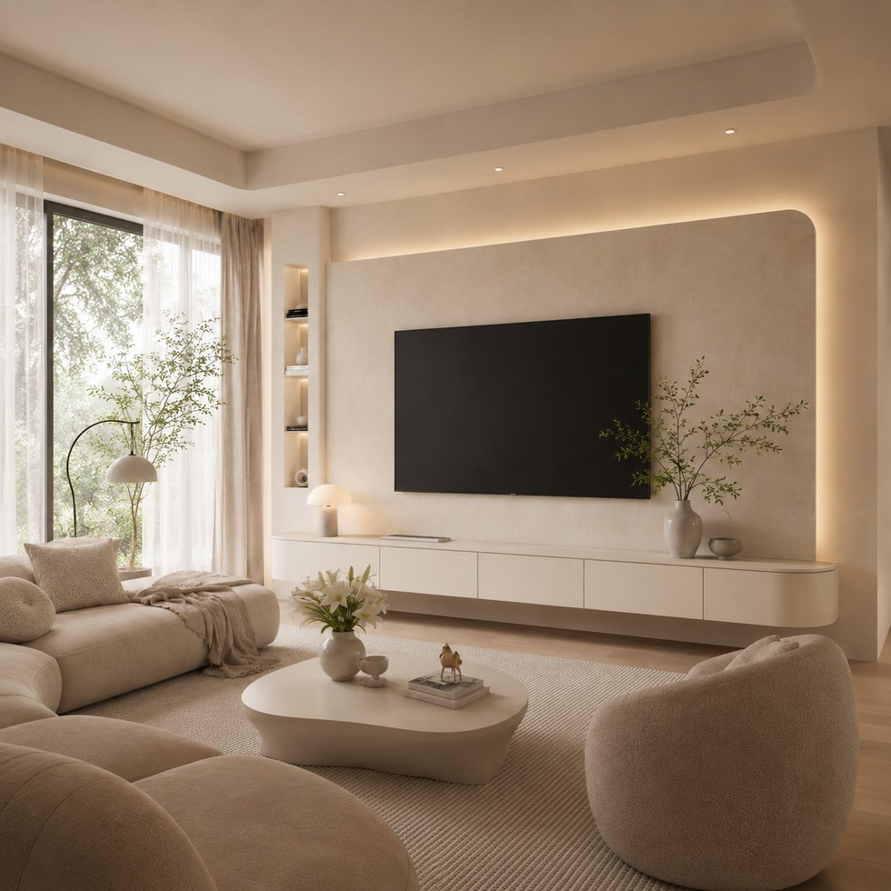 Modern Floating TV Cabinet With Rounded Backdrop Panel And Warm LED Display Shelves