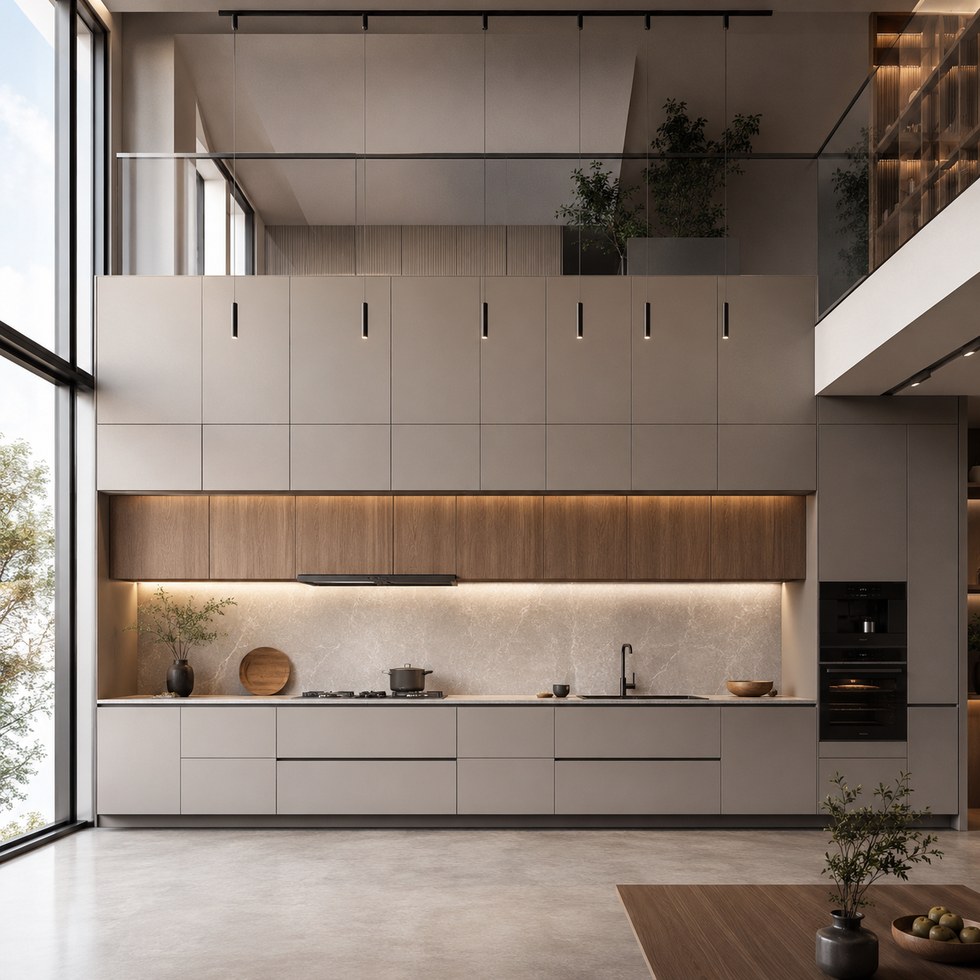 Modern Full-Height Kitchen Cabinets With Wood-Grain Accent Panels