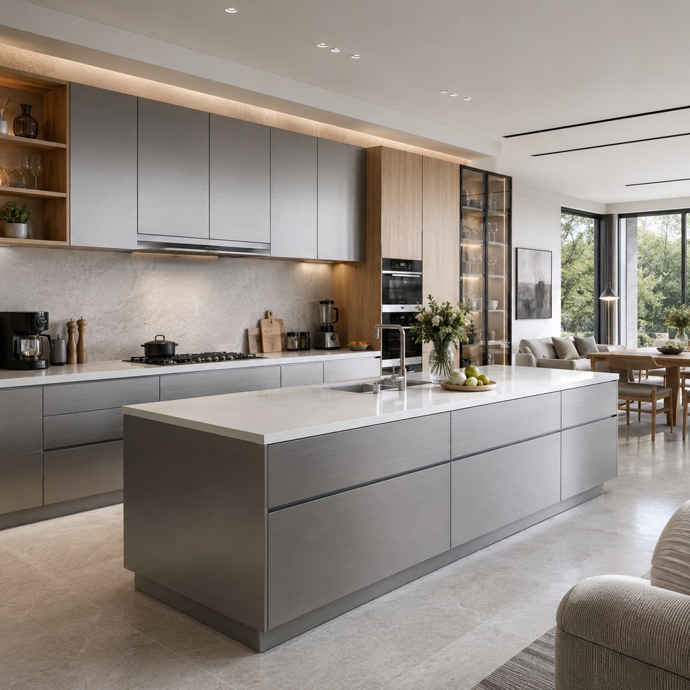 Modern Gray Flat-Panel Kitchen Cabinets With Island and Wood-Look Display Storage