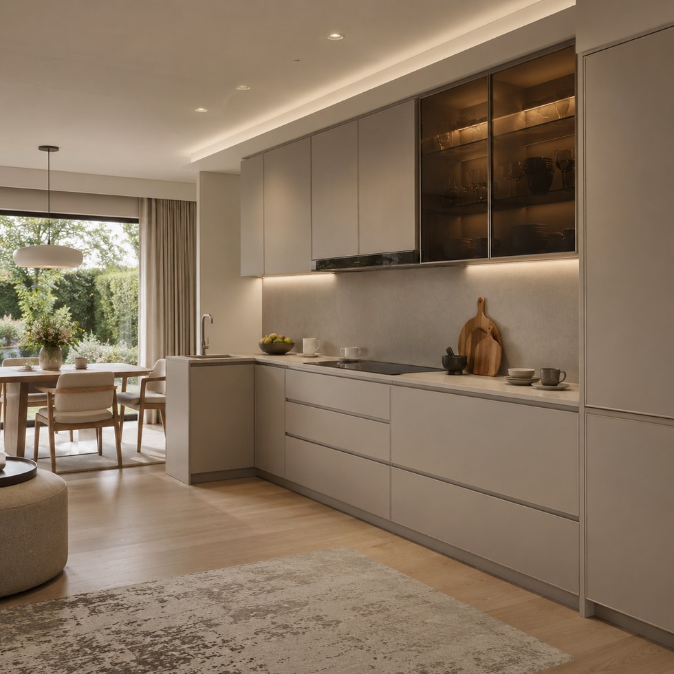 Modern Greige Handleless Kitchen Cabinets With Smoked Glass Wall Units