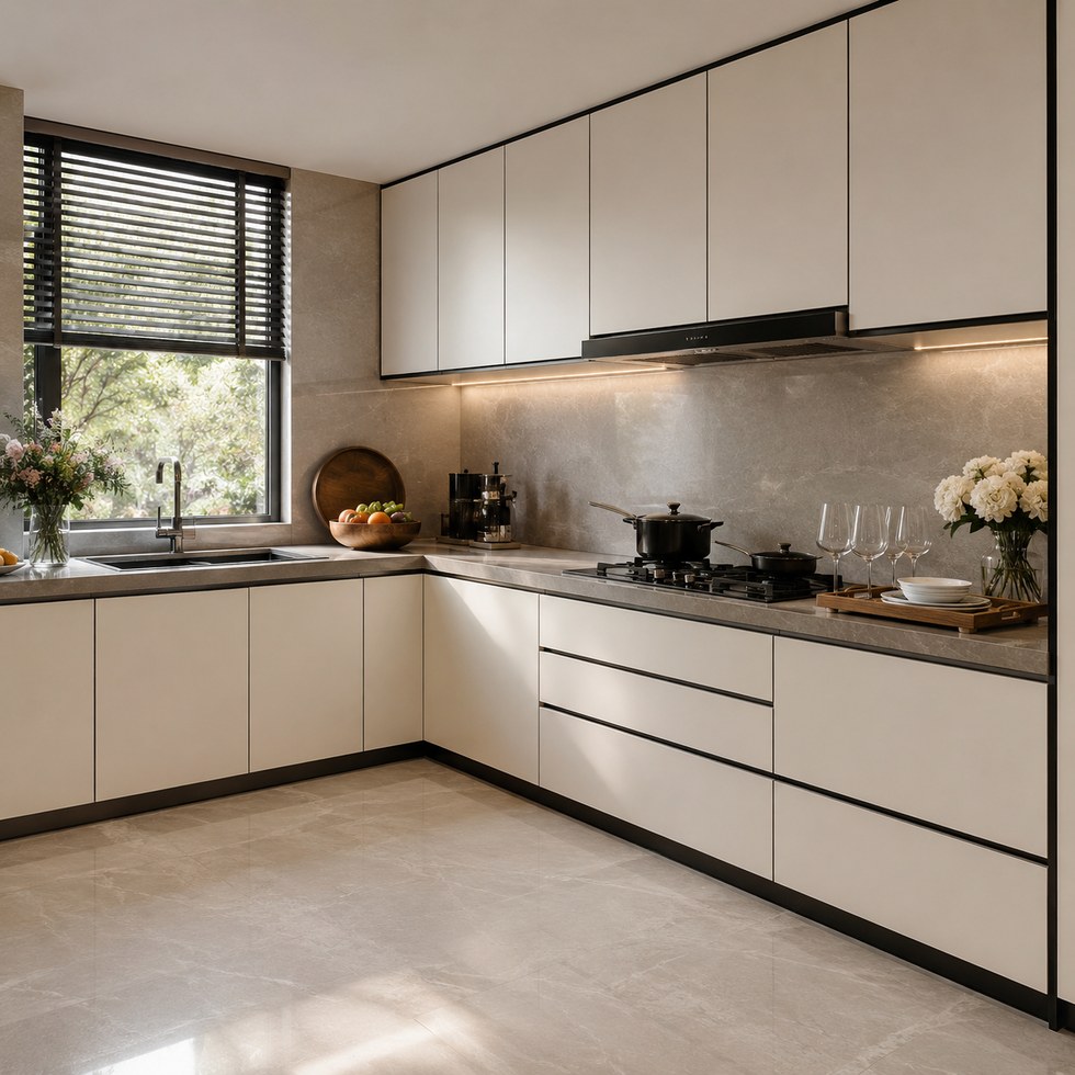 Modern Light Beige Flat Panel L-Shaped Kitchen Cabinets