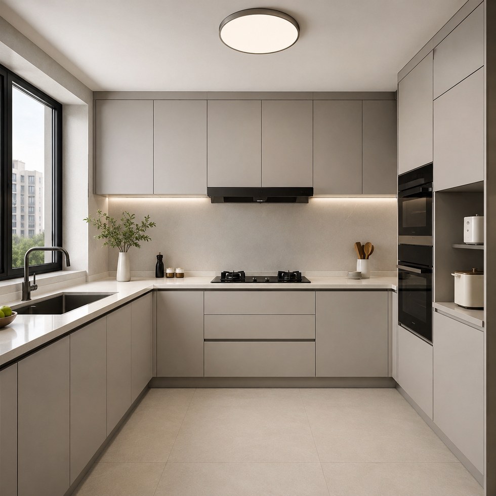 Modern Light Gray L-Shaped Kitchen Cabinets With Built-In Appliance Tower
