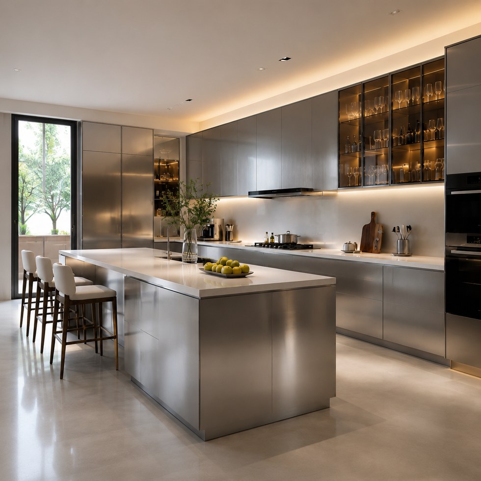Modern Metallic Gray Kitchen Cabinets With Island and Glass Display Storage