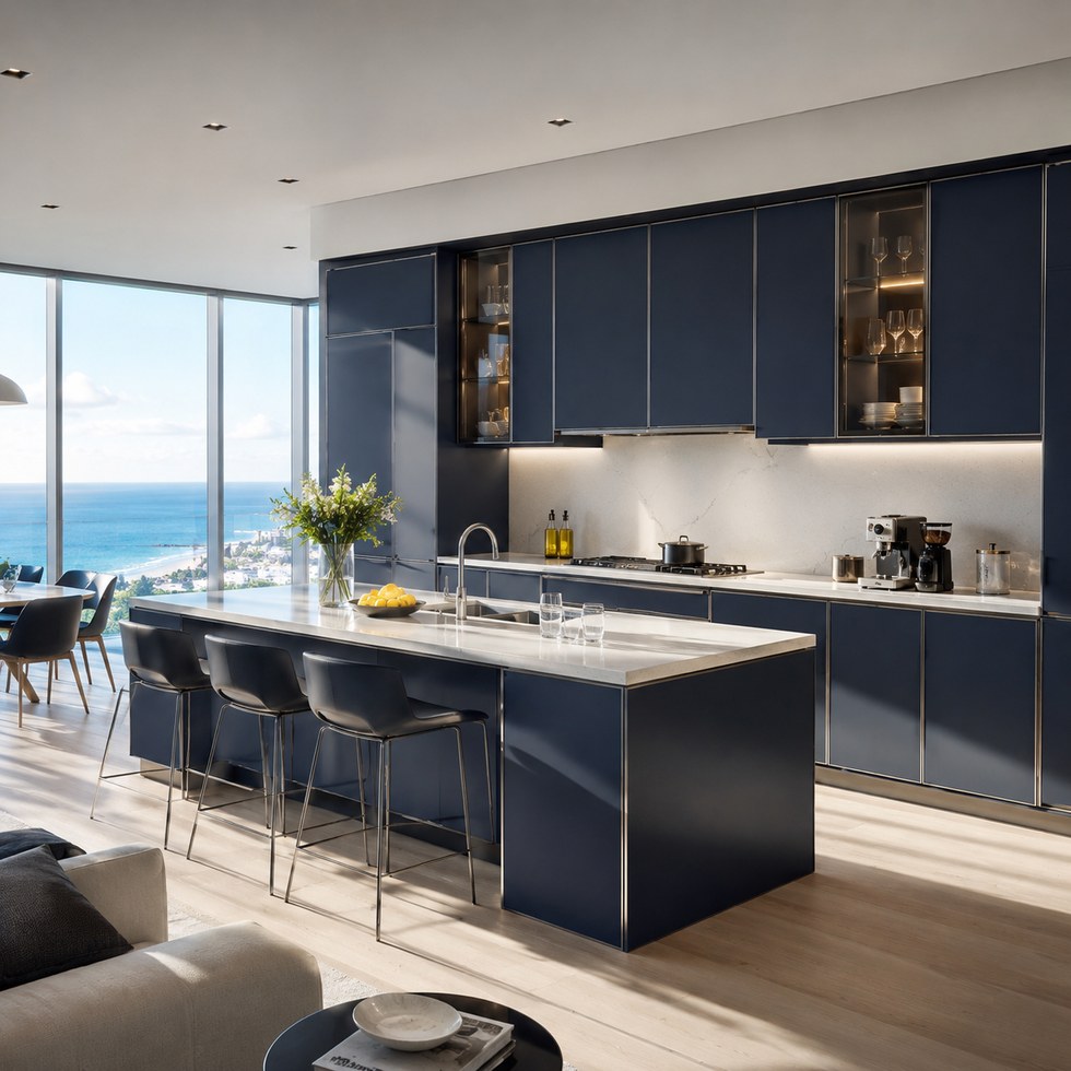 Modern Navy Blue Kitchen Cabinets With Island And Glass Display Units