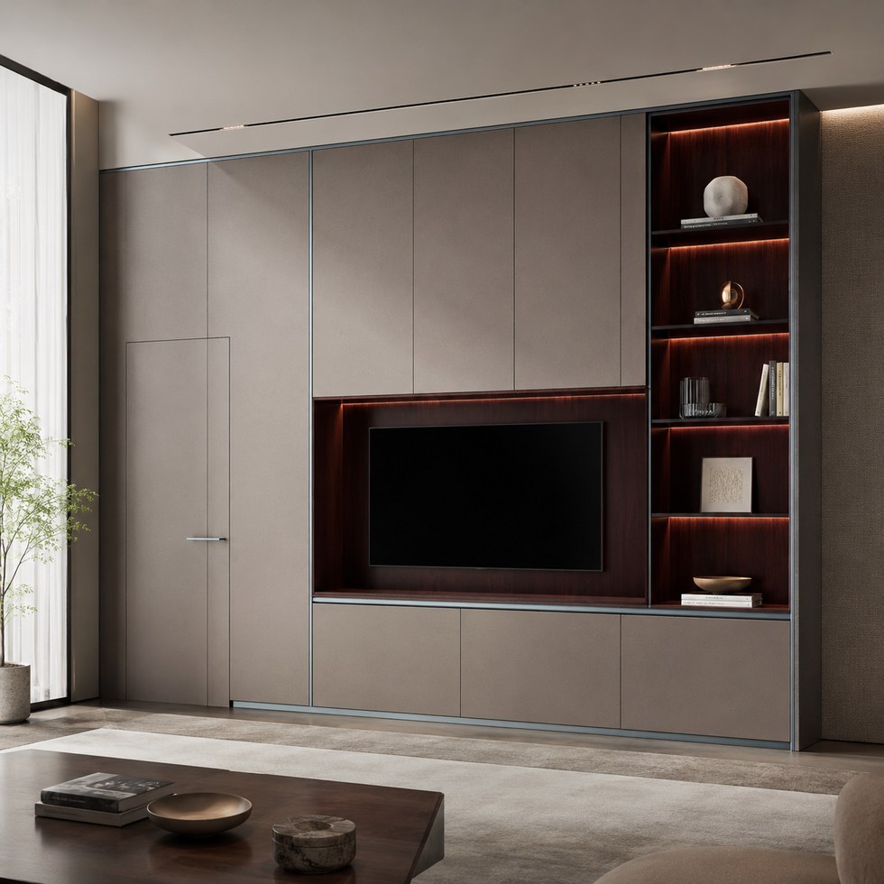 Modern Taupe Wall Paneling with Integrated TV Niche and Display Shelves
