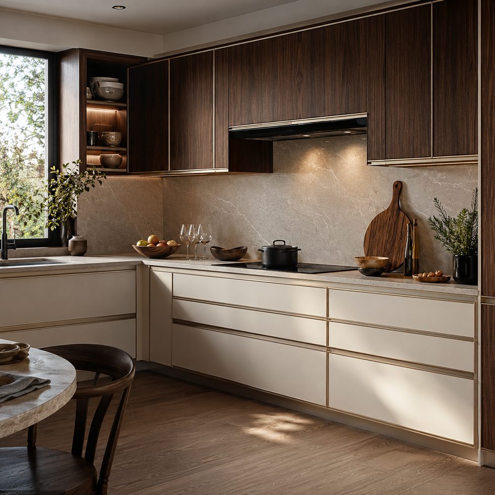 Modern Two-Tone Wood Grain and Cream L-Shaped Kitchen Cabinets