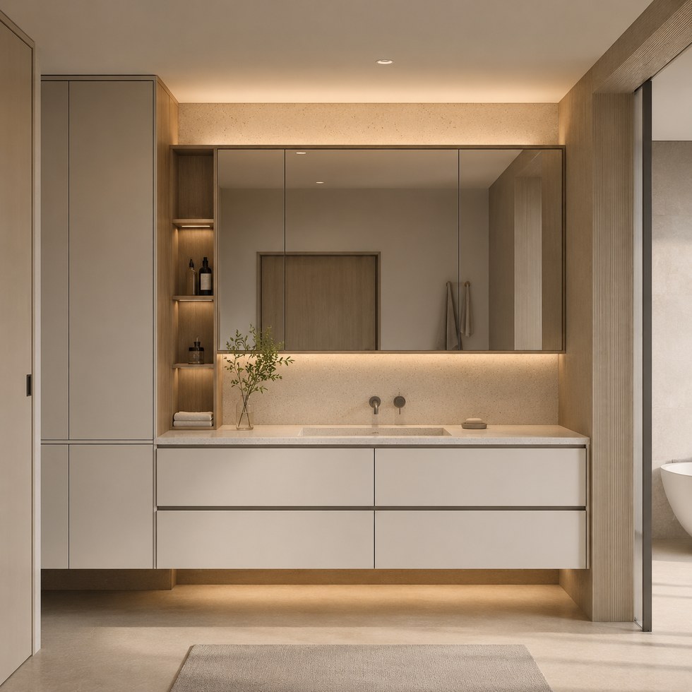 Modern Warm Beige Floating Bathroom Vanity with Mirror Storage