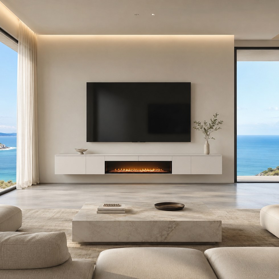 Modern White Floating TV Cabinet with Linear Fireplace Feature