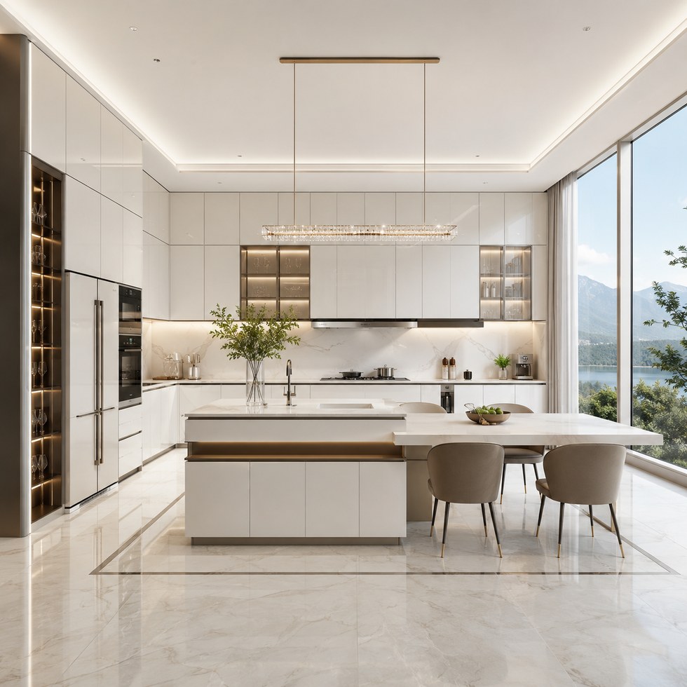 Modern White Glossy Kitchen Cabinets With Island and Glass Display Storage