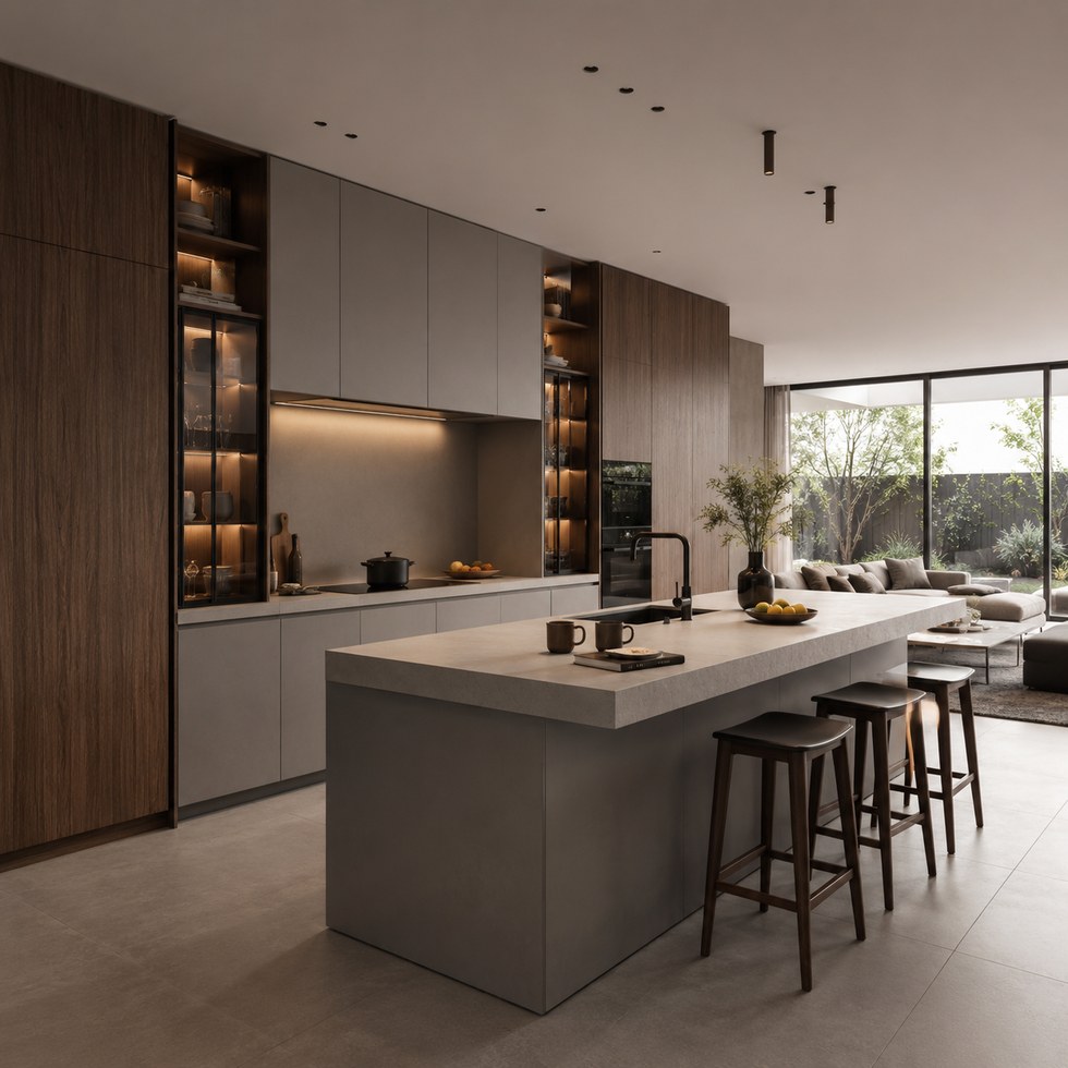 Modern Wood Grain and Matte Gray Kitchen Cabinets With Island