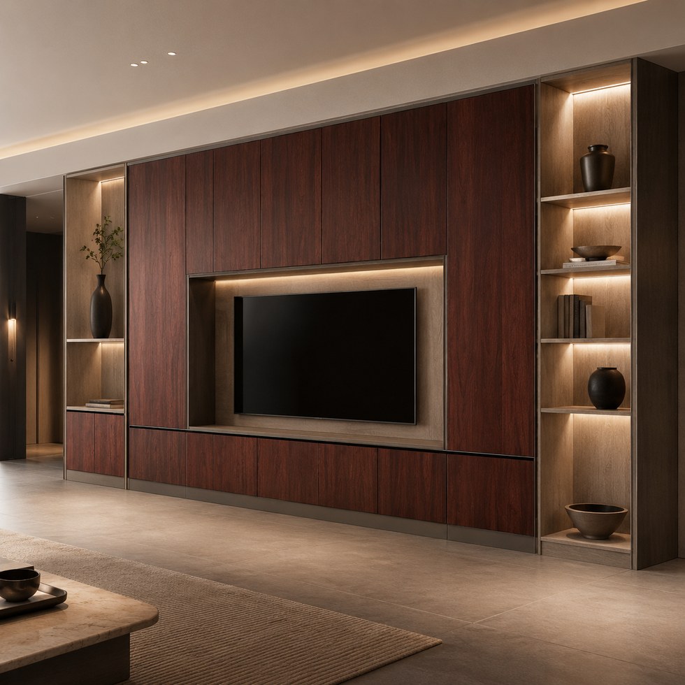 Modern Wood Grain Wall TV Cabinet With Open Display Shelves