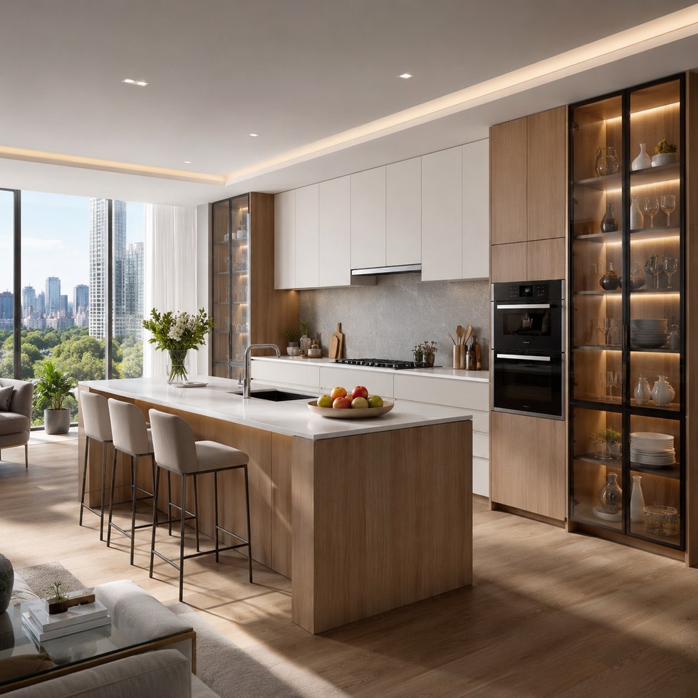 Modern Wood Tone and White Kitchen Cabinets With Island and Glass Display Storage