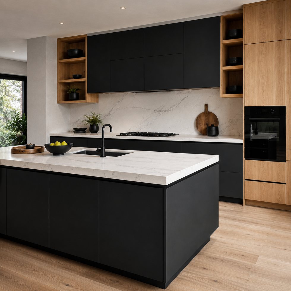Monochrome Gallery Custom Kitchen Cabinets with Black Island and Oak Display Ends