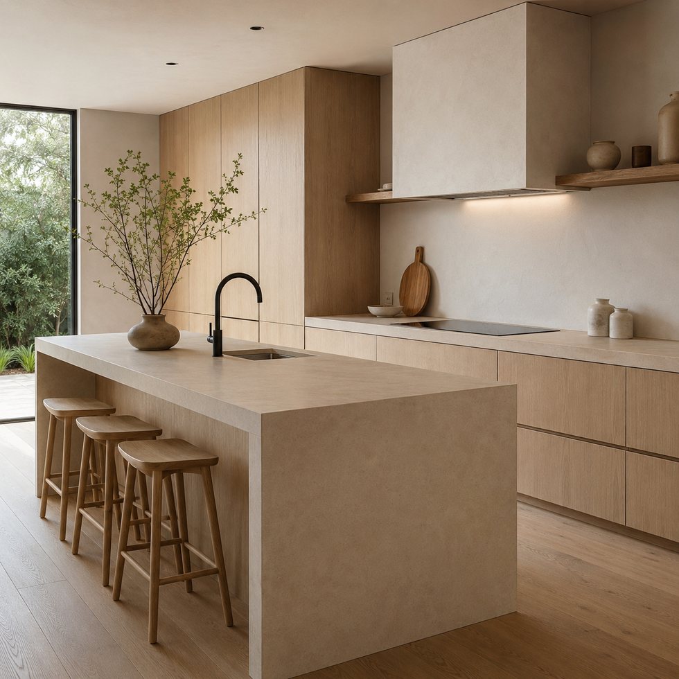 Monolithic Breakfast Counter Custom Kitchen Cabinets in a Sand-Toned Appliance Suite
