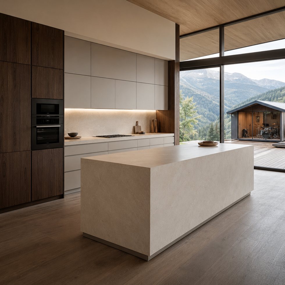 Mountain-Retreat Stone-Look Island Custom Kitchen Cabinets with Walnut-Toned Tall Units
