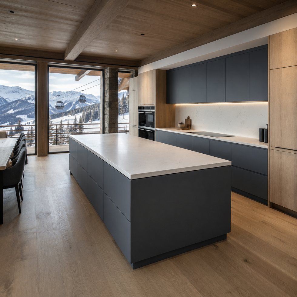 Mountain-View Blue-Gray Island Custom Kitchen Cabinets with Matte Storage