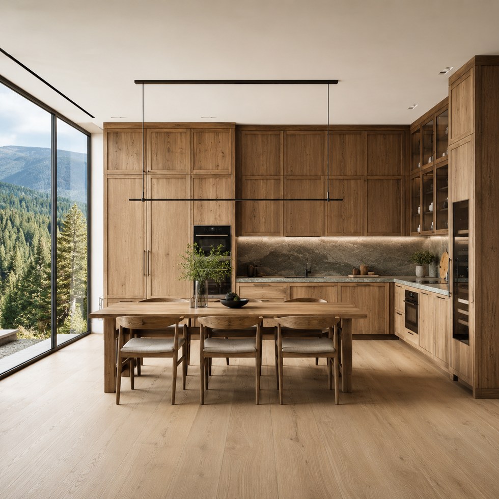 Natural Wood Grain Kitchen Cabinets with Glass Display Uppers and Tall Appliance Wall