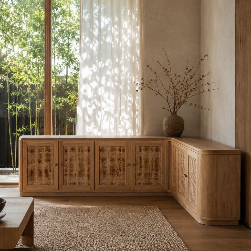 Natural Wood Tone TV Cabinet with Woven Panel Doors and Corner Storage