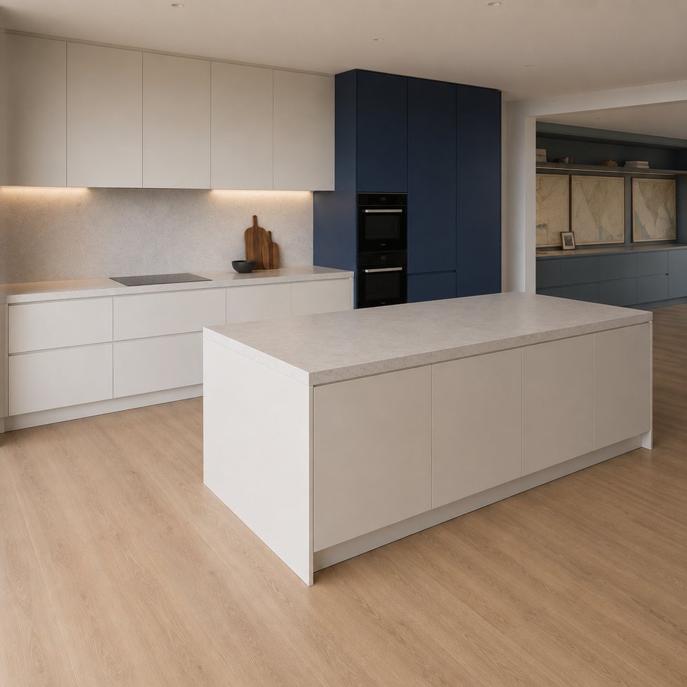 Navy Appliance Wall Custom Kitchen Cabinets with White Island