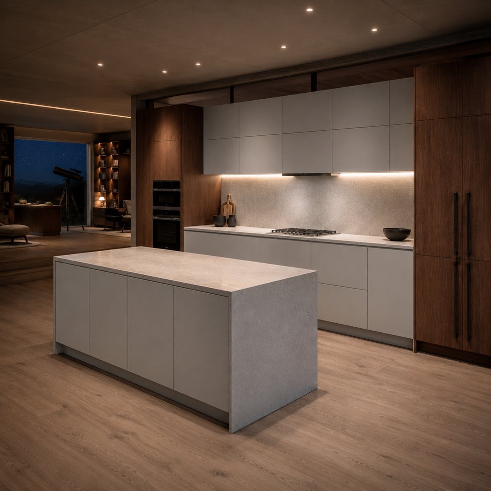 Nighttime Warmth Custom Kitchen Cabinets with Compact Center Island