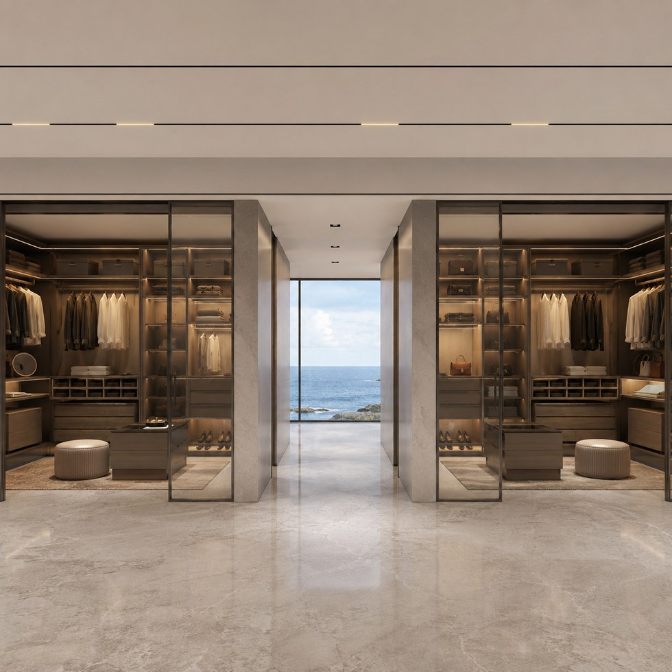 Ocean View Walk-In Closet Wardrobe with Smoked Glass Doors and Warm LED Shelving