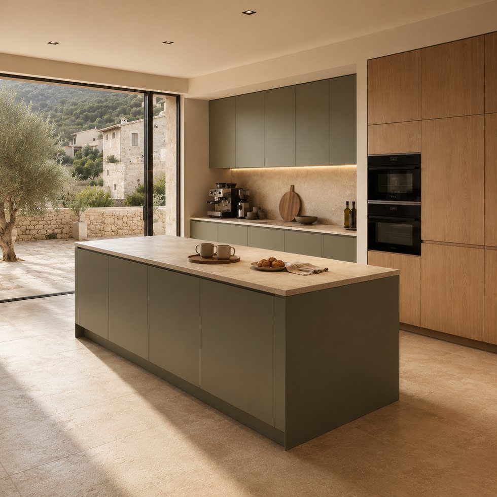 Olive Green and Wood Custom Kitchen Cabinets with Integrated Island